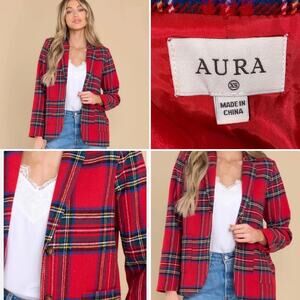 AURA Dressed In Time Red Plaid Preppy Holiday Blazer XS NWOT
